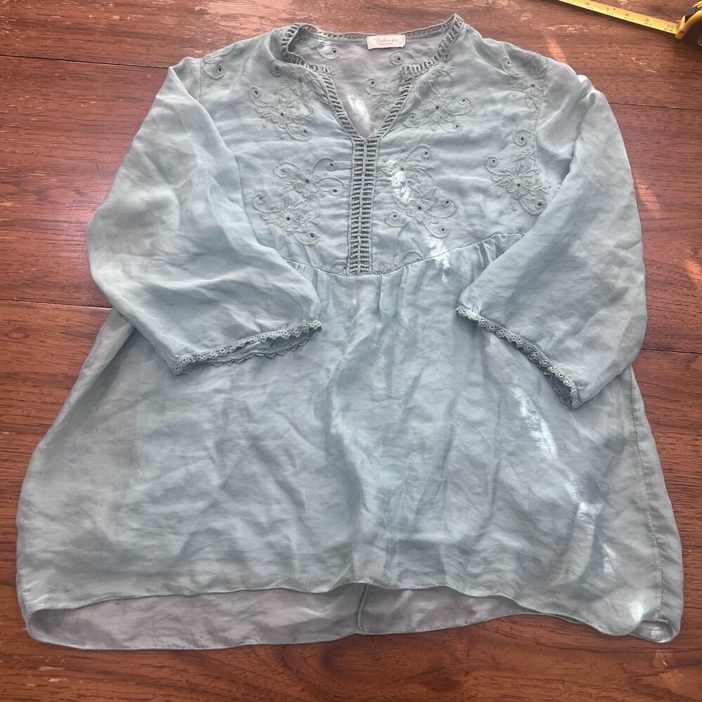 Bellambia Floral Embroidered Silk Blend Tunic Seafoam Green, Size L